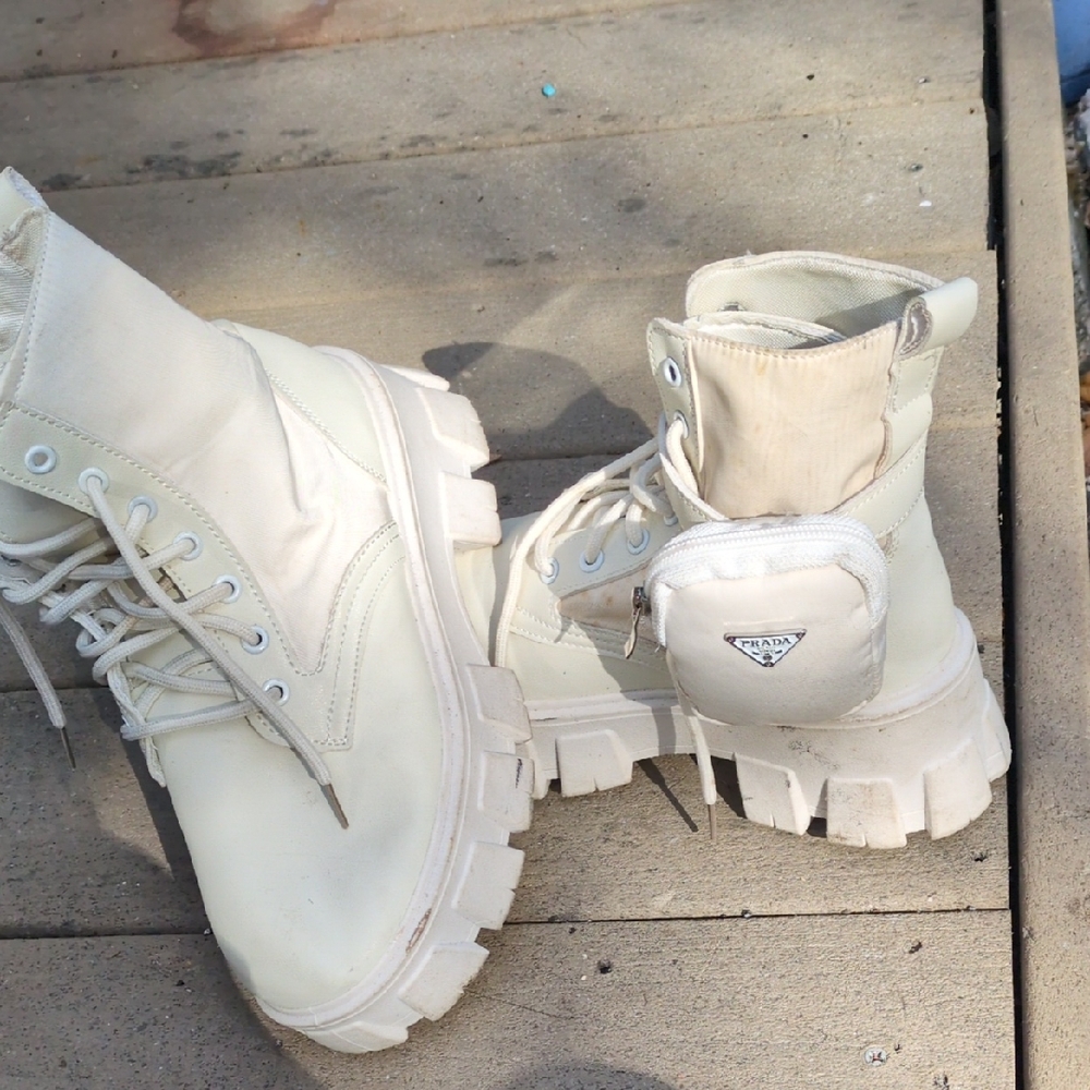 Prada Cream Lace-Up Boots with Pouch
